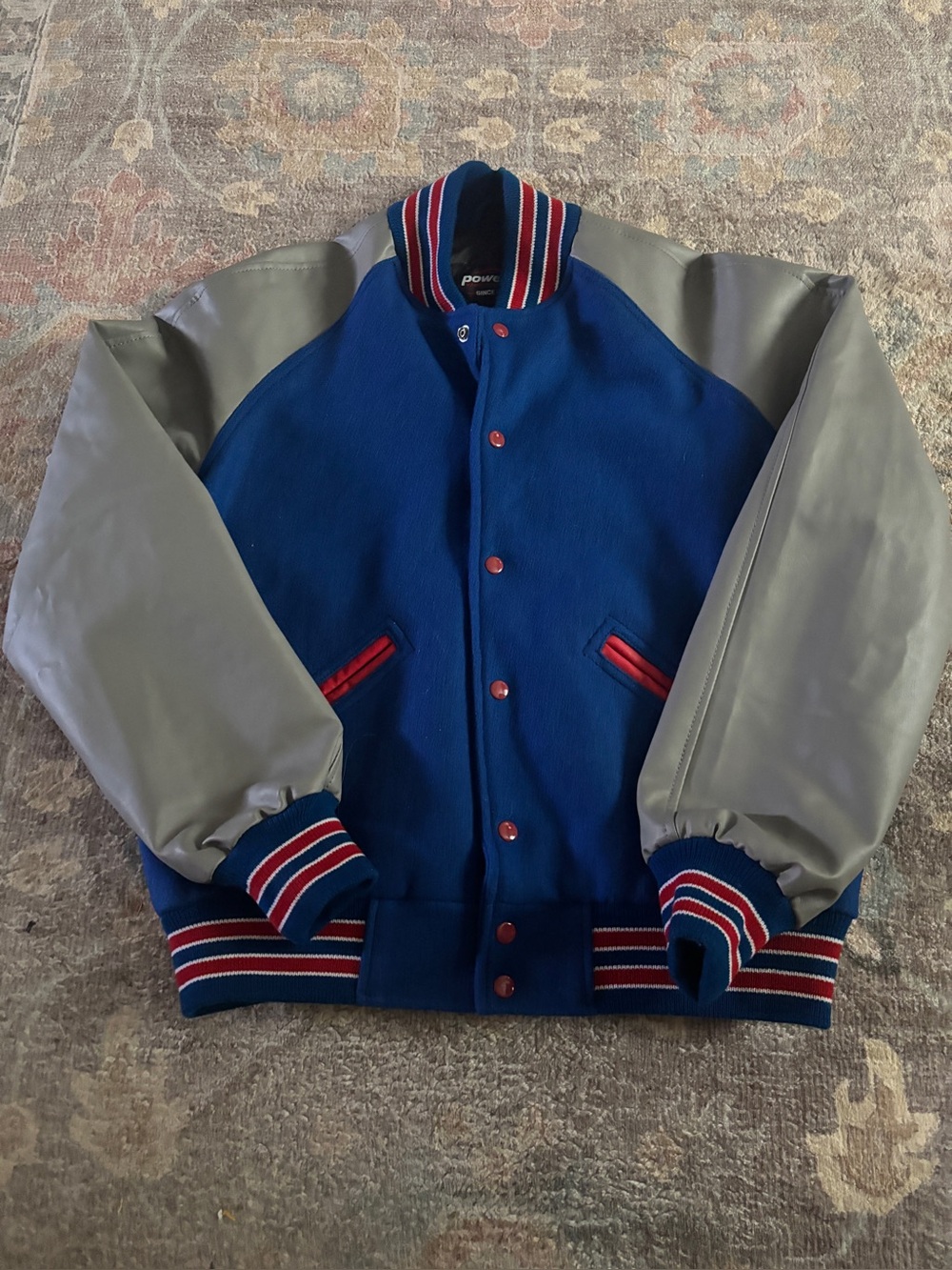 Blue & Gray Men's Varsity Bomber Jacket with Red Trim